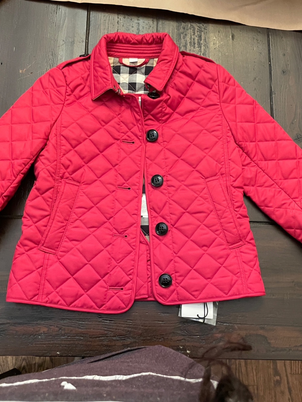 Burberry Kids Quilted Red Jacket with Check Trim